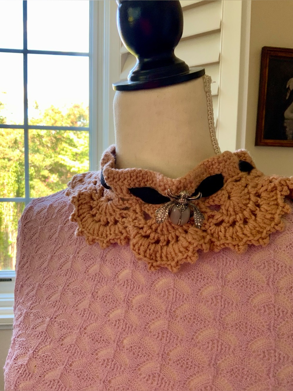 Hand Crafted Desert Rose Crochet Collar with Silver Jeweled Bee Brooch